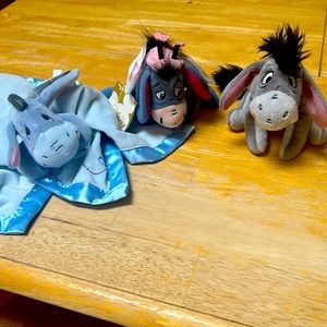 Three stuffed Eeyore’s. Eeyore. Valentines Eeyore. Baby Touch Me Eeyore.